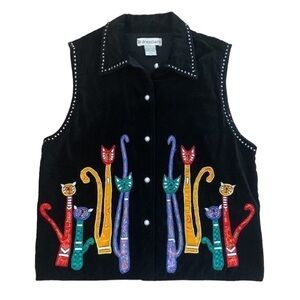 Black Velvet Vest Embroidered Cats on with Pearl Buttons Size S
